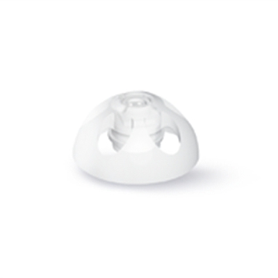 Close-up of the Click Dome Open, a white plastic object featuring a circular opening on top and three large cut-outs on the sides, displayed against a plain white background.