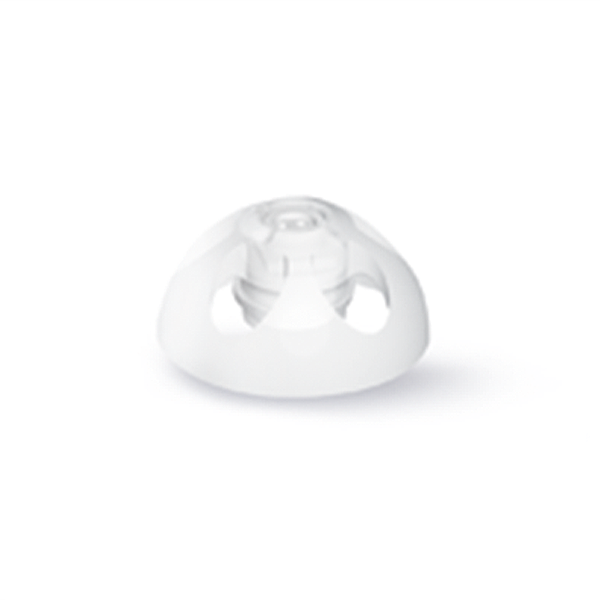 Close-up of the Click Dome Open, a white plastic object featuring a circular opening on top and three large cut-outs on the sides, displayed against a plain white background.