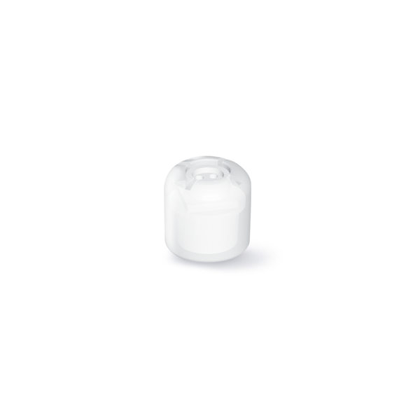 The Click Dome Open is a small, white, cylindrical plastic cap or lid, positioned on a plain white background and casting a faint shadow—designed for easy "click to open" functionality.