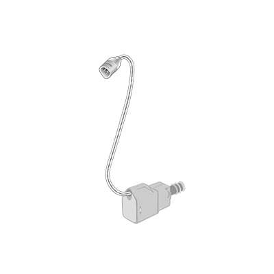 A digital illustration of a compact, flexible gooseneck lamp with a rectangular base and cylindrical light head, featuring a sleek design inspired by the Bernafon NanoRite P Speaker.
