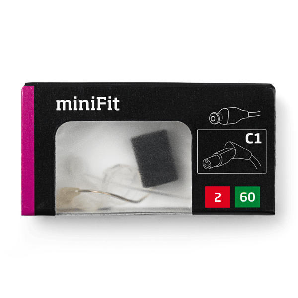 A black and pink box labeled miniFit displays illustrations of ear tip connectors (C1). A transparent window shows Oticon MiniFit Receiver 60 components: 2 in a red box, 60 in a green box.