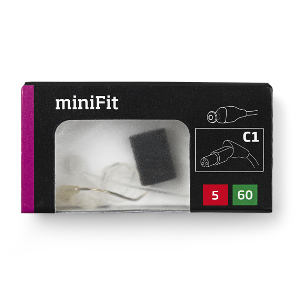 A black Oticon MiniFit Receiver 60 box with a clear window shows the product inside. The box displays icons, "C1," and red and green labels with numbers 5 and 60.
