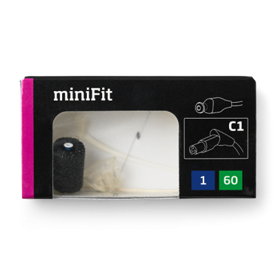 A black Oticon MiniFit Receiver 60 box has a clear window showing the item inside, with icons,