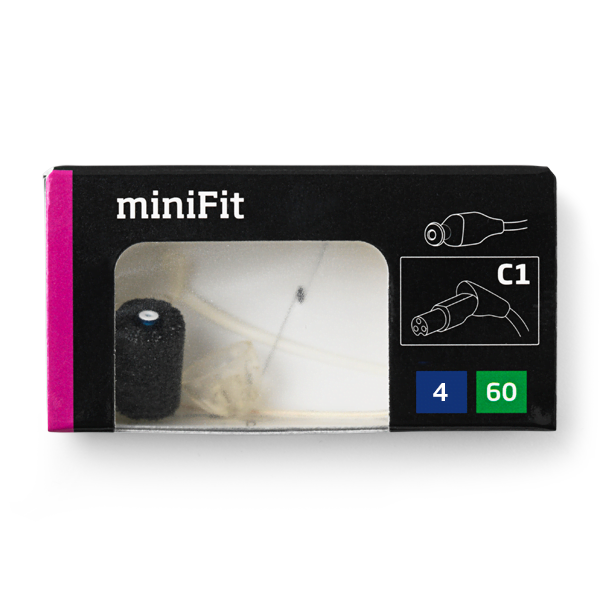 A black Oticon MiniFit Receiver 60 box features hearing aid dome and "C1" illustrations. The receiver is visible through a clear window, with blue "4" and green "60" squares on the packaging.