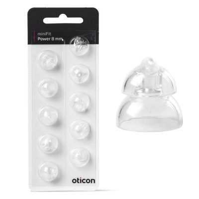 A package of Oticon Minifit Power Dome features nine clear silicone domes in a blister pack, with one dome shown separately on the right.