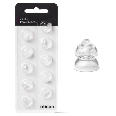 The Oticon MiniFit Power Dome hearing aid domes are shown in a blister pack labeled 6 mm, with one clear silicone dome displayed separately on a white background.
