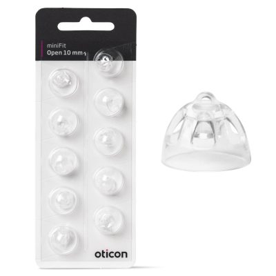 A pack of ten Oticon Minifit Open Dome 10mm hearing aid domes is shown, with one dome displayed separately on the right for detail.