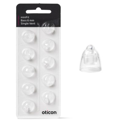 A package labeled Oticon miniFit Bass-Dome single vent contains eight clear, dome-shaped 6 mm hearing aid tips, with one extra tip shown separately on the right.