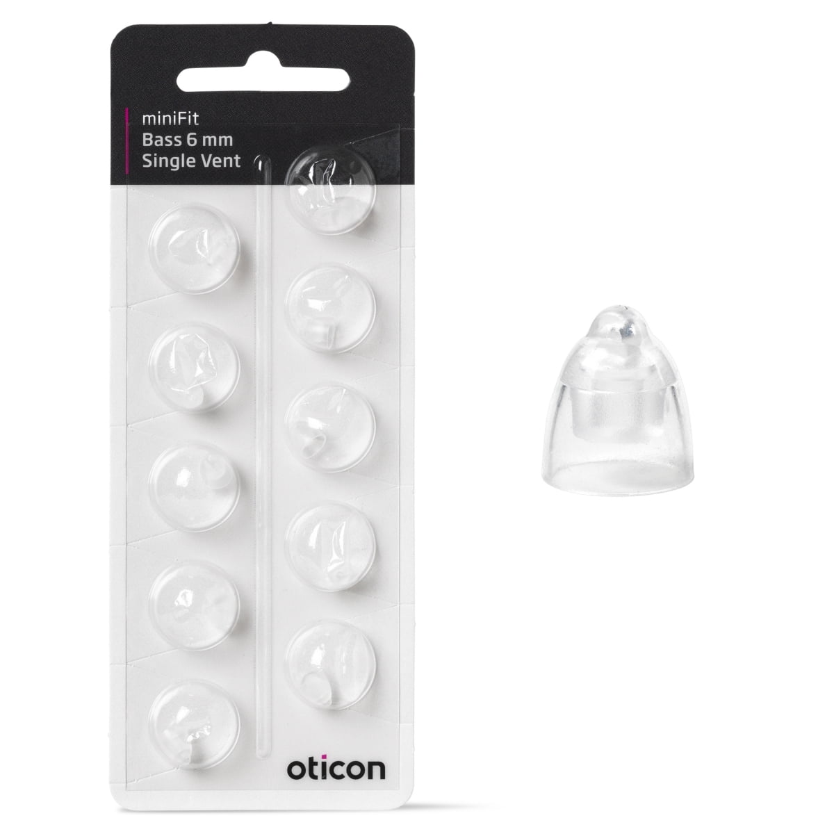A package labeled Oticon miniFit Bass-Dome single vent contains eight clear, dome-shaped 6 mm hearing aid tips, with one extra tip shown separately on the right.