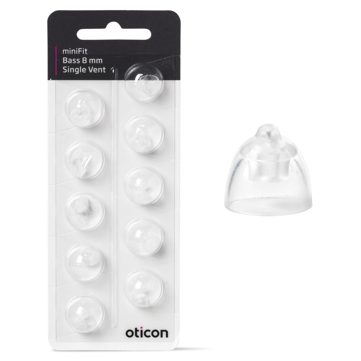 Contains ten Oticon miniFit Bass-Dome single vent 8 mm hearing aid domes; nine inside the pack, one shown separately on the right.