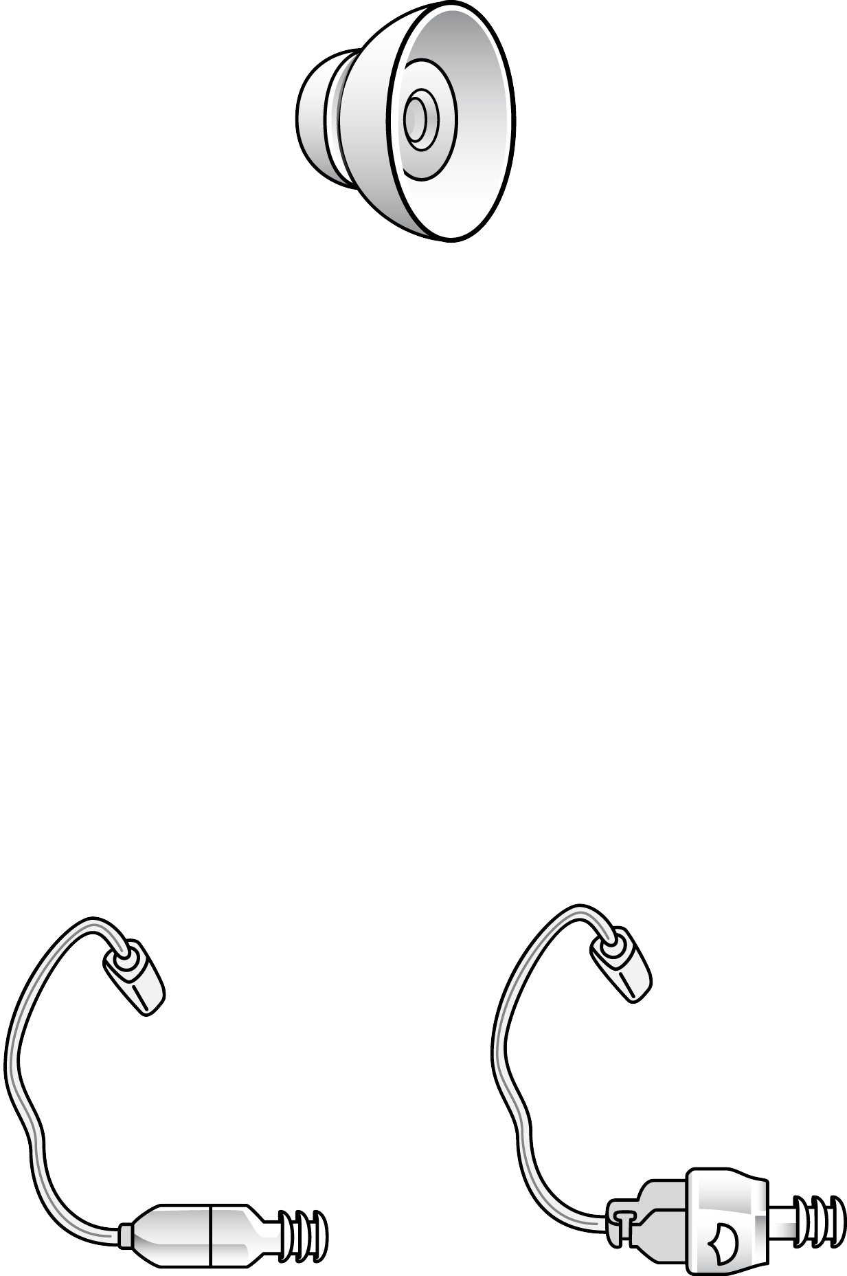 A black and white illustration shows the Dome ThinTube & Receiver Power Size Small earbud above, with two detachable connectors below, each featuring in-ear tips and audio jacks.