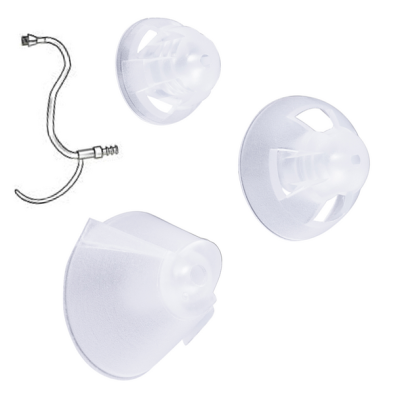 Three translucent, cone-shaped Dome (thin tube) hearing aid domes are displayed next to a small black-and-white illustration of a thin, curved tube with a connector. Product Name: Dome (thin tube).