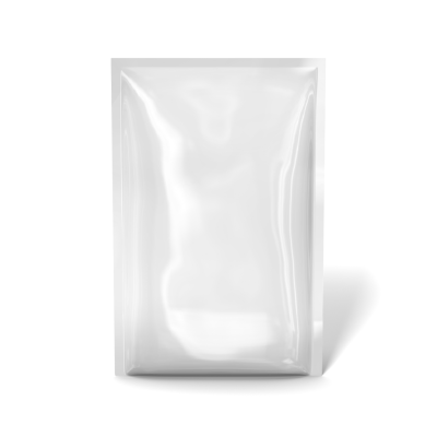 A blank, shiny silver stand-up pouch with a sealed top, empty and unbranded, is shown on a white background—designed as refill packaging for Phonak Cleaning Wipes for use in a convenient dispenser.