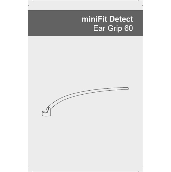 Line drawing of the MiniFit Detect Ear Grip 60, showing its curved, slim shape with a small hook at one end on a gray and white background, with "MiniFit Detect Ear Grip 60" displayed at the top.