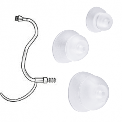 Three translucent silicone Power Dome (thin tubes) earbud tips in various sizes are displayed next to a black and white line drawing of a curved cable with connectors at both ends.