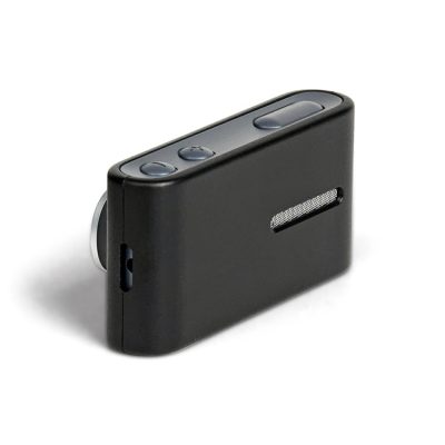 The Bernafon SoundClip-A is a small black electronic device with a rounded knob on one side, two buttons and a slider on top, and a horizontal mesh-like opening on the front, shown against a white background.