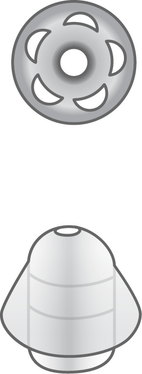 A grayscale illustration of the LifeTip 6 mm Open abutment shown from above with four curved slots around a central hole, and from the side as a cylindrical, slightly tapered implant with two horizontal grooves.