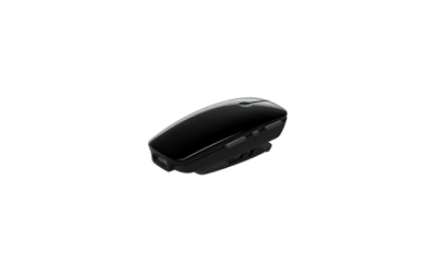 The ReSound Micro Mic, a sleek black wireless device, is shown on a light gray background at an angle, highlighting its compact design and buttons.