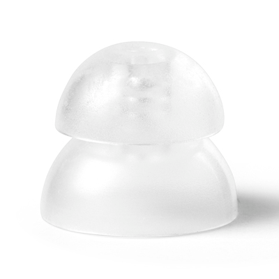 A clear, dome-shaped Bernafon Power Dome Spira Flex silicone earbud tip with a double-flanged design is displayed against a white background.