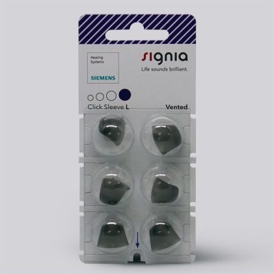 A pack of six Signia Click Sleeve (Vented) hearing aid domes is shown in clear plastic packaging with branding and product details on a white card.