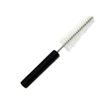 The Roundbrush is a small round brush featuring a black handle, twisted metal shaft, and white bristles—ideal for cleaning narrow openings such as straws, bottles, or pipes.