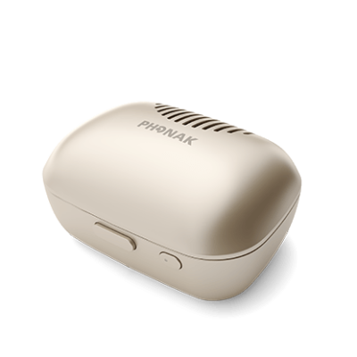 The Phonak Charge and Care is a beige, oval case with a vented lid, side button, and the Phonak logo on top, shown on a plain white background.