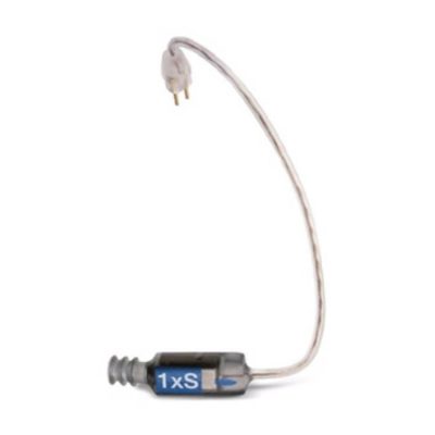A small Standard xReceiver behind-the-ear receiver with a clear wire and grey earpiece, labeled “1xS” on the side.