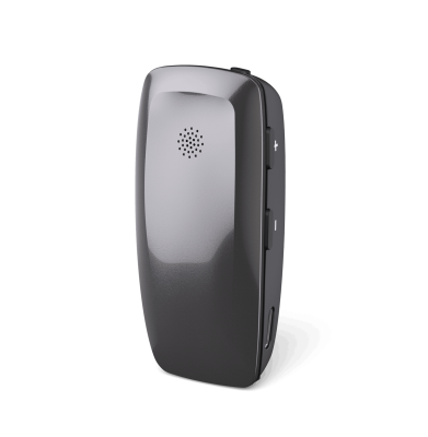 The ReSound Multi-Mic+ is a sleek, black, rectangular device with a front speaker grill and side volume buttons, displayed upright against a plain white background.