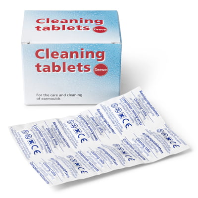 A box of Cleaning Tablets is placed behind multiple blister packs of individually wrapped Cleaning Tablets, which are designed for earmould care and cleaning.