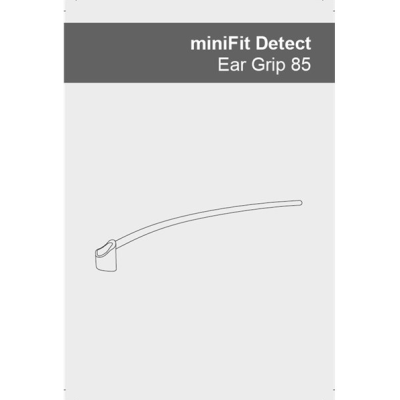 Line drawing of the MiniFit Detect Ear Grip 85, a slim, curved device with a small attachment piece at one end, shown on a plain background.
