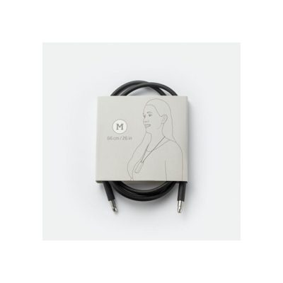 The Neck Loop for SoundGate is a black audio cable with two metal connectors, coiled around square gray packaging featuring a person’s illustration and text showing length: 66 cm/26 in, size M—perfect for SoundGate use.