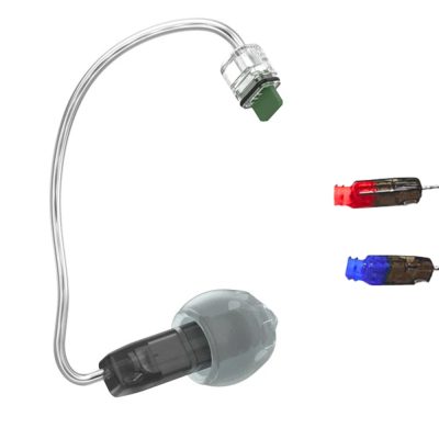 A Starkey RIC Snapfit 2.0 Receiver P with a soft gray earpiece and two extra colored filter tools (red and blue) is shown on the right.