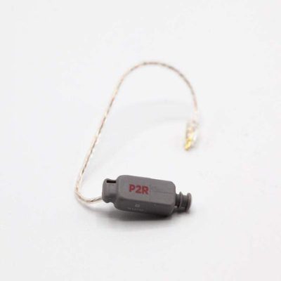 A compact gray Easywear wired RIC (P-Receiver) device labeled P2R, featuring a thin curved wire, is shown on a white background.