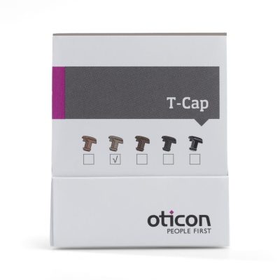 Oticon T-Cap white box features five cap color options, with the second from the left selected. The Oticon PEOPLE FIRST logo is displayed at the bottom.