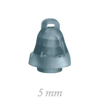 A close-up image of a small, translucent Starkey Comfort Buds Open with a bell shape and flat base, labeled "5 mm" underneath to show its size.