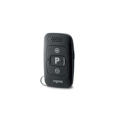 The Signia miniPocket is a small black handheld remote with a screen and three buttons labeled plus, minus, and P. The "Signia" logo at the bottom identifies it as an electronic controller.