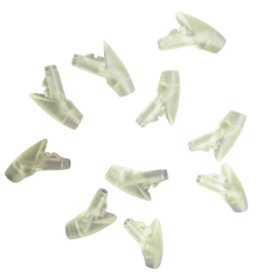 Ten Thin Tube, Adapter Set, Pin-Lock Snapfit translucent plastic replacement mouthpieces are displayed in a circle on a white background, each oriented outward from the middle.