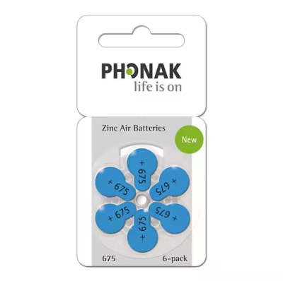 A pack of Phonak 675 Batteri zinc air hearing aid batteries includes six blue batteries. Packaging shows "life is on," a green New label, and promotes this handy 6-pack option.