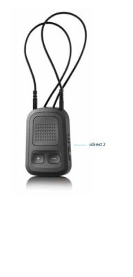 A compact black electronic device labeled Unitron uDirect 2, featuring two square plus and minus buttons, connected to a looped black cord.