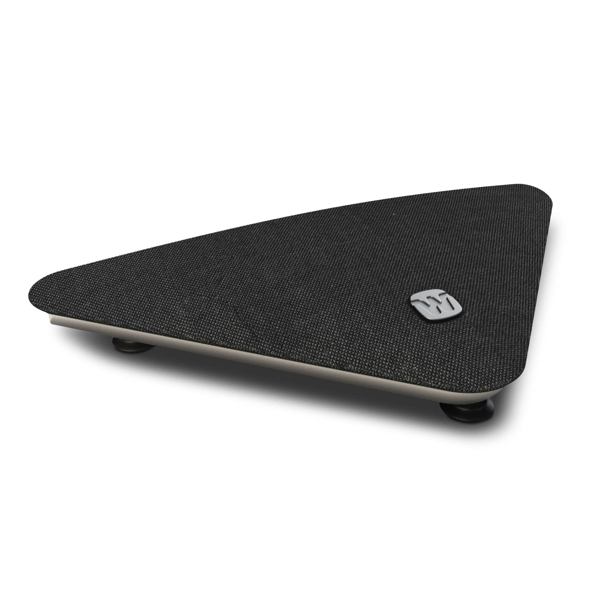 A black, triangular balance board with a textured surface and small silver logo, inspired by Widex TV Play’s sleek design, stands on rounded feet at each edge and is displayed against a white background.