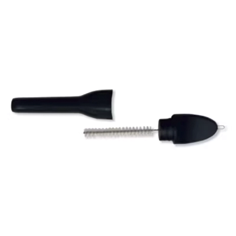 A small black plastic MultiTool, handle with a metal spiral bristle head and end loop is shown with its protective cap removed and placed beside it on a white background.